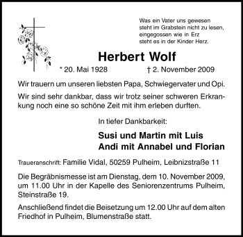 Traueranzeige von Herbert Wolf von Tageszeitung