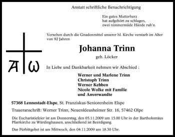 Traueranzeige von Johanna Trinn von Tageszeitung