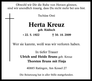 Traueranzeige von Herta Kreuz von Tageszeitung