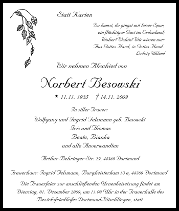 Traueranzeige von Norbert Besowski von Tageszeitung