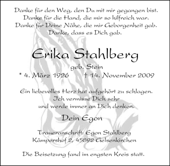 Traueranzeige von Erika Stahlberg von Tageszeitung