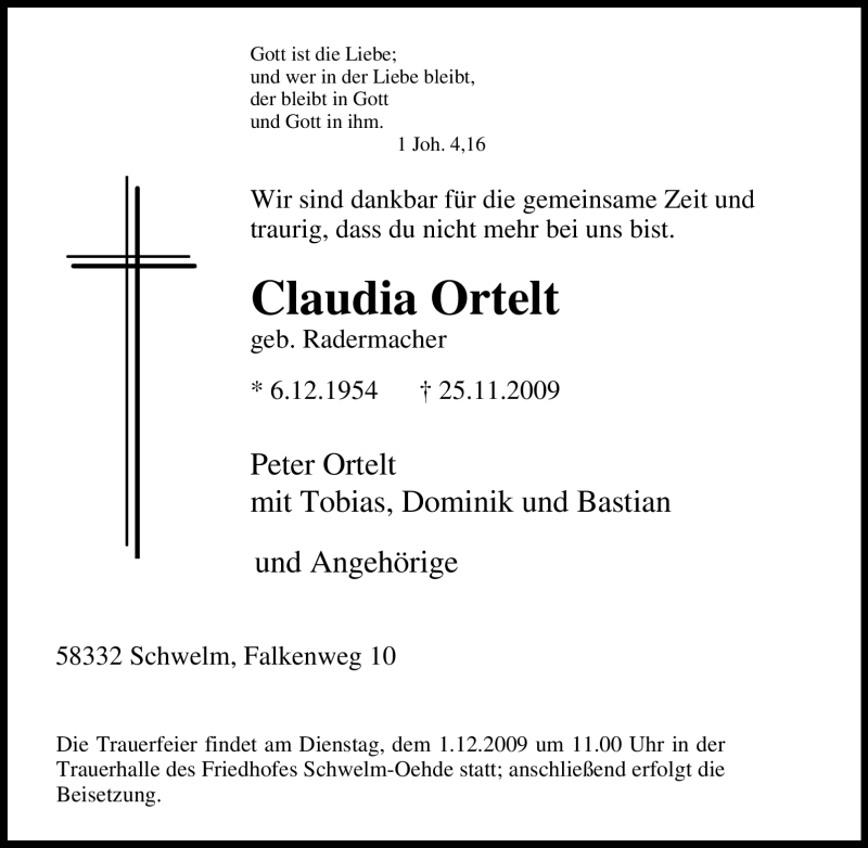  Traueranzeige für Claudia Ortelt vom 28.11.2009 aus Tageszeitung