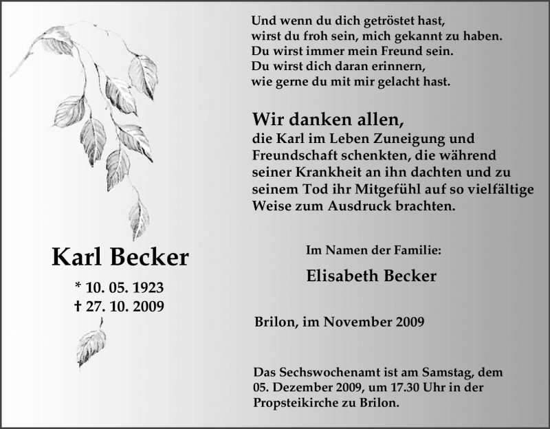  Traueranzeige für Karl Becker vom 30.11.2009 aus Tageszeitung