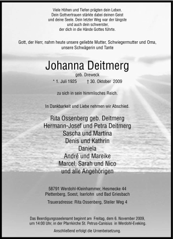 Traueranzeige von Johanna Deitmerg von Tageszeitung