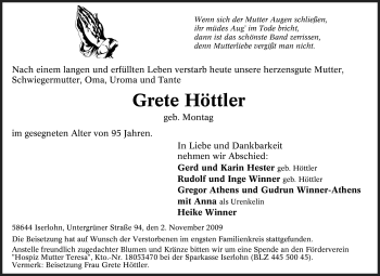 Traueranzeige von Grete Höttler von Tageszeitung