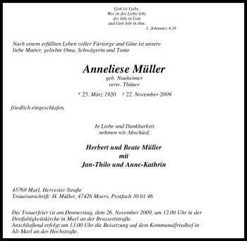 Traueranzeige von Anneliese Müller von Tageszeitung