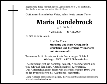 Traueranzeige von Maria Randebrock von Tageszeitung