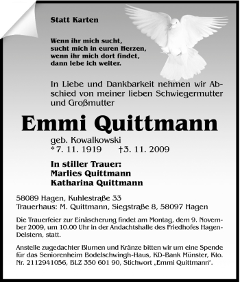 Traueranzeige von Emmi Quittmann von Tageszeitung