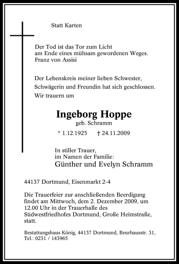 Traueranzeige von Ingeborg Hoppe von Tageszeitung