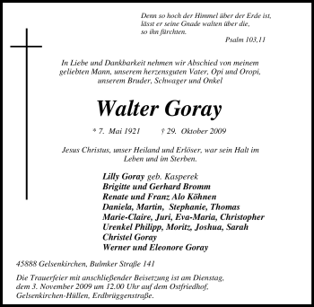 Traueranzeige von Walter Goray von Tageszeitung