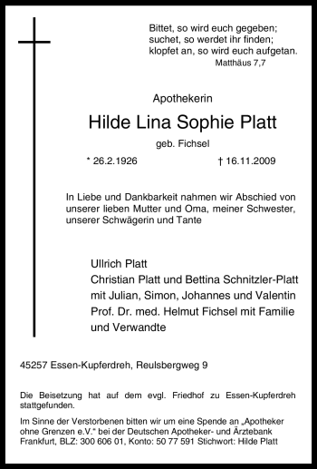 Traueranzeige von Hilde Lina Sophie Platt von Tageszeitung