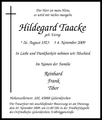 Traueranzeige von Hildegard Taacke von Tageszeitung