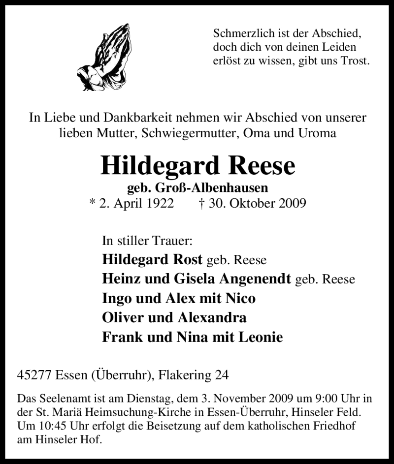  Traueranzeige für Hildegard Reese vom 02.11.2009 aus Tageszeitung