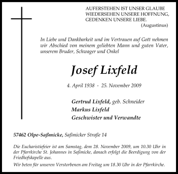 Traueranzeige von Josef Lixfeld von Tageszeitung