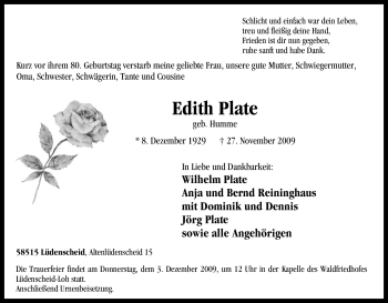 Traueranzeige von Edith Plate von Tageszeitung