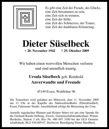 Traueranzeige von Dieter Süselbeck von Tageszeitung