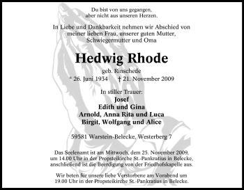 Traueranzeige von Hedwig Rhode von Tageszeitung