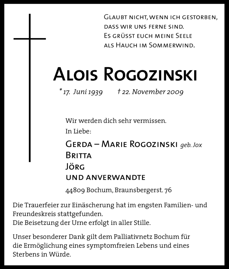  Traueranzeige für Alois Rogozinski vom 28.11.2009 aus Tageszeitung