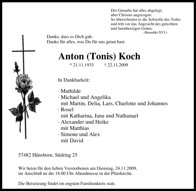  Traueranzeige für Anton Koch vom 23.11.2009 aus Tageszeitung