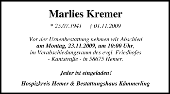 Traueranzeige von Marlies Kremer von Tageszeitung