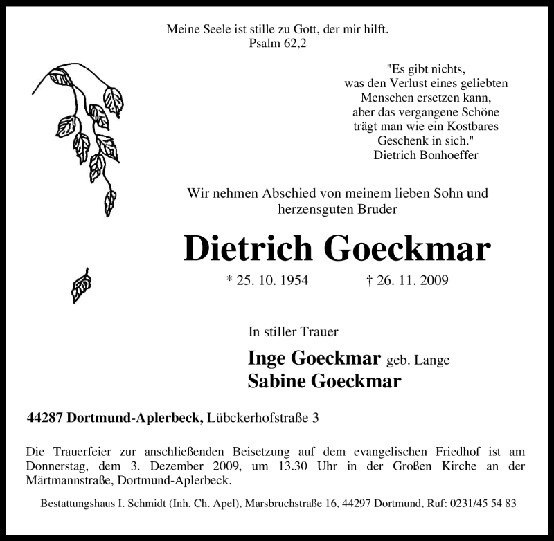  Traueranzeige für Dietrich Goeckmar vom 30.11.2009 aus Tageszeitung