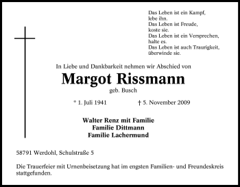 Traueranzeige von Margot Rissmann von Tageszeitung