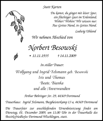 Traueranzeige von Norbert Besowski von Tageszeitung