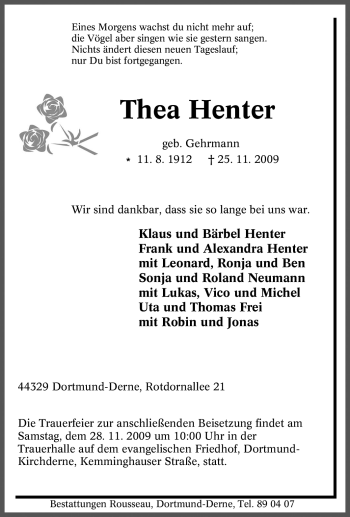Traueranzeige von Thea Henter von Tageszeitung
