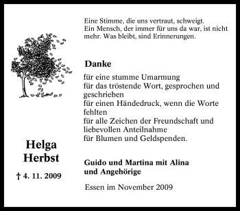 Traueranzeige von Helga Herbst von Tageszeitung