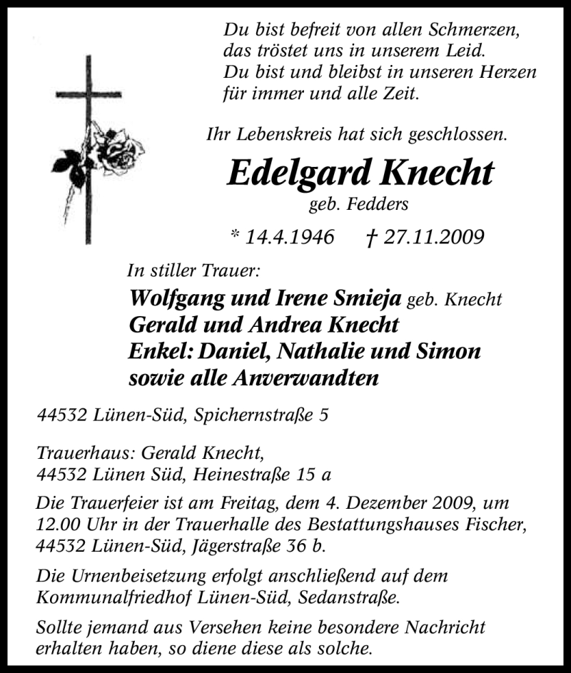  Traueranzeige für Edelgard Knecht vom 30.11.2009 aus Tageszeitung