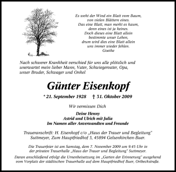 Traueranzeige von Günter Eisenkopf von Tageszeitung