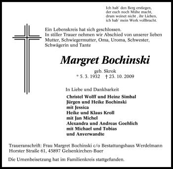 Traueranzeige von Margret Bochinski von Tageszeitung