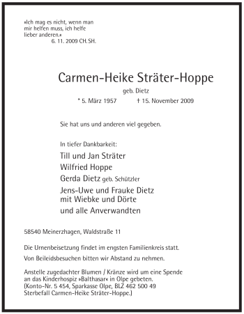Traueranzeige von Carmen-Heike Sträter-Hoppe von Tageszeitung