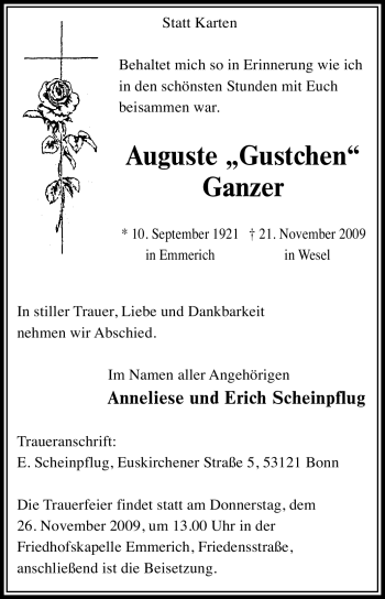 Traueranzeige von Auguste Ganzer von Tageszeitung