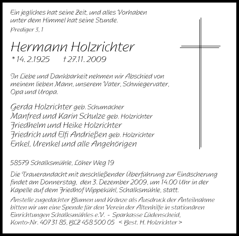  Traueranzeige für Hermann Holzrichter vom 30.11.2009 aus Tageszeitung