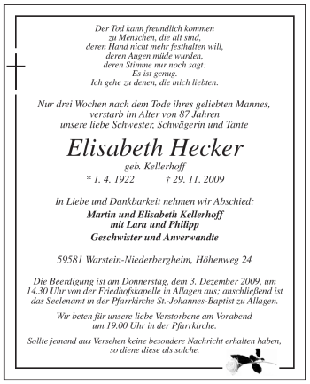 Traueranzeige von Elisabeth Hecker von Tageszeitung