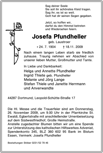 Traueranzeige von Josefa Pfundheller von Tageszeitung
