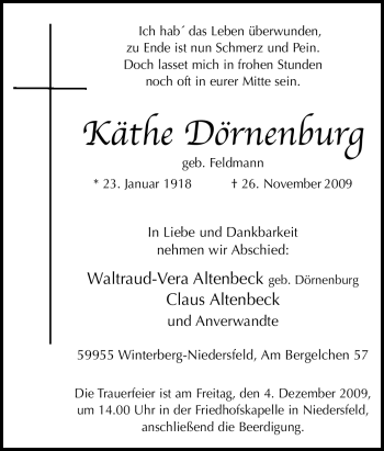 Traueranzeige von Käthe Dörnenburg von Tageszeitung