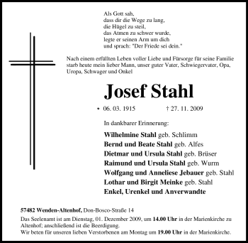 Traueranzeige von Josef Stahl von Tageszeitung
