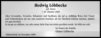 Traueranzeige von Hedwig Löbbecke von Tageszeitung
