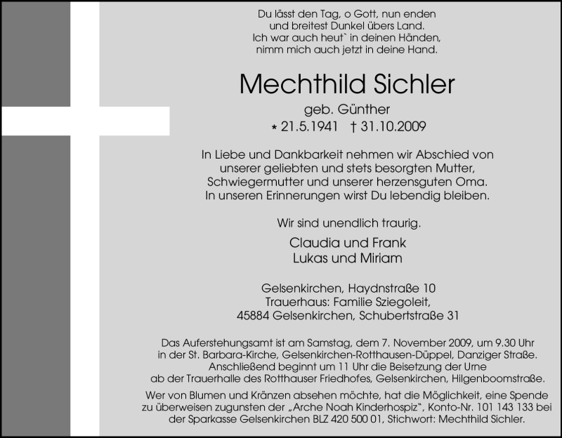  Traueranzeige für Mechthild Sichler vom 03.11.2009 aus Tageszeitung