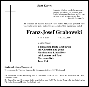 Traueranzeige von Franz-Josef Grabowski von Tageszeitung