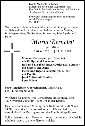 Traueranzeige von Maria Bernoteit von Tageszeitung