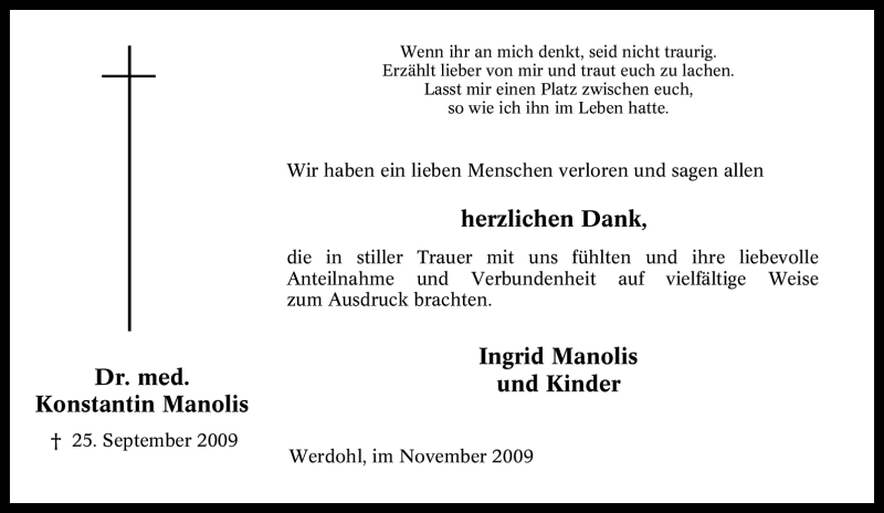  Traueranzeige für Konstantin Manolis vom 07.11.2009 aus Tageszeitung