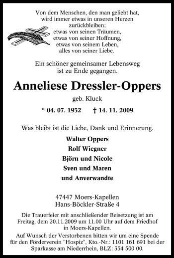 Traueranzeige von Anneliese Dressler-Oppers von Tageszeitung