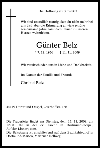 Traueranzeige von Günter Belz von Tageszeitung