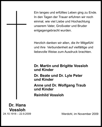 Traueranzeige von Hans Vossloh von Tageszeitung