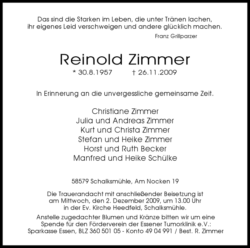  Traueranzeige für Reinold Zimmer vom 30.11.2009 aus Tageszeitung