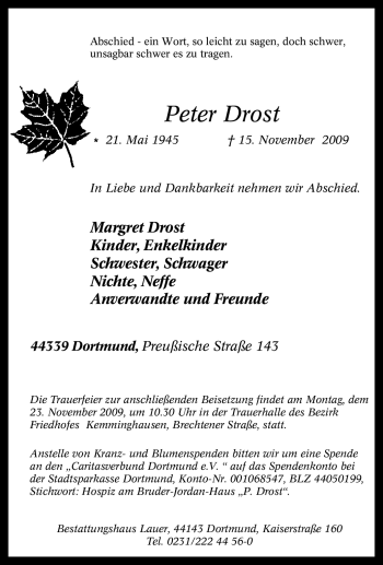 Traueranzeige von Peter Drost von Tageszeitung