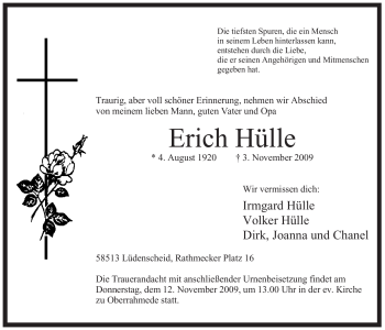 Traueranzeige von Erich Hülle von Tageszeitung